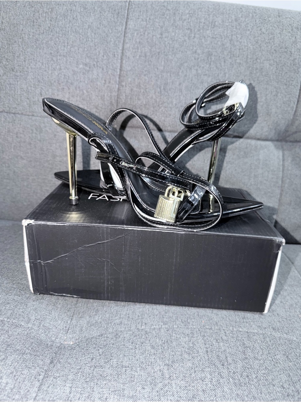Fashion Nova Black Patent Strappy Heels with Gold Padlock Accent